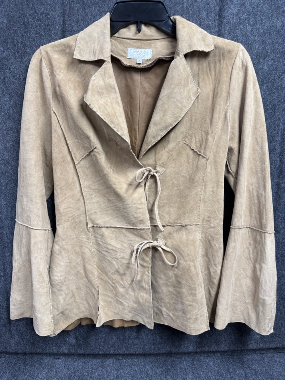 KOC 100% Lambskin Sued Light Tan Suede Tie-Front Blazer Jacket